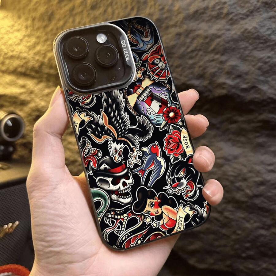 Funda Protectora con Patrón para 16 PRO MAX, 15 PRO MAX, 14/16 PLUS, 15/13/12/11, 7/8P X/XR/XS MAX - Funda de Teléfono a Prueba de Golpes de Moda J18SW183, Accesorios Móviles, Patrón de Moda, Diseño Retro, Estructura Robusta, Diseño Impreso UV, Funda para Smartphone, Entusiasta de la Tecnología, Protector de Pequeñas Herramientas - Colores mezclados - Ver 1