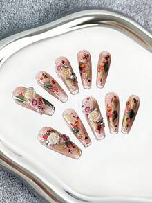 Coffin Nails French Press-On Nails With 3D Hand-Painted Floral Art, Crystal Rhinestones & Gold Glitter Designs, Multicolor DIY Glossy Artificial Full-Cover Nail Set, 10pcs/Bag - Multicolor - View 1