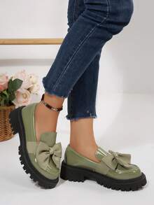 Women's Shoes, Women's Loafers, Thick-Soled Shoes, Bow-Decorated Thick-Soled Loafers, A Variety Of Colors To Choose From, Thick-Soled Slip-Ons That Can Be Worn All Year Round, Local Warehouse Women's Products, Versatile And Comfortable Shoes - 綠色 - 查看 4
