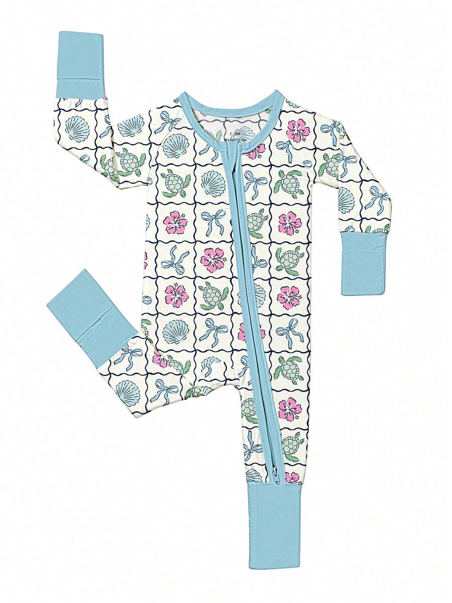 Baby Bamboo Fiber Zip-Up, Sea Turtle Flower Shell Blue Print Romper, All-Season Knit Fabric Skinny Fit With Zipper Detail, Baby Gril Clothes, Perfect For Outdoor - 淺藍色 - 查看 1