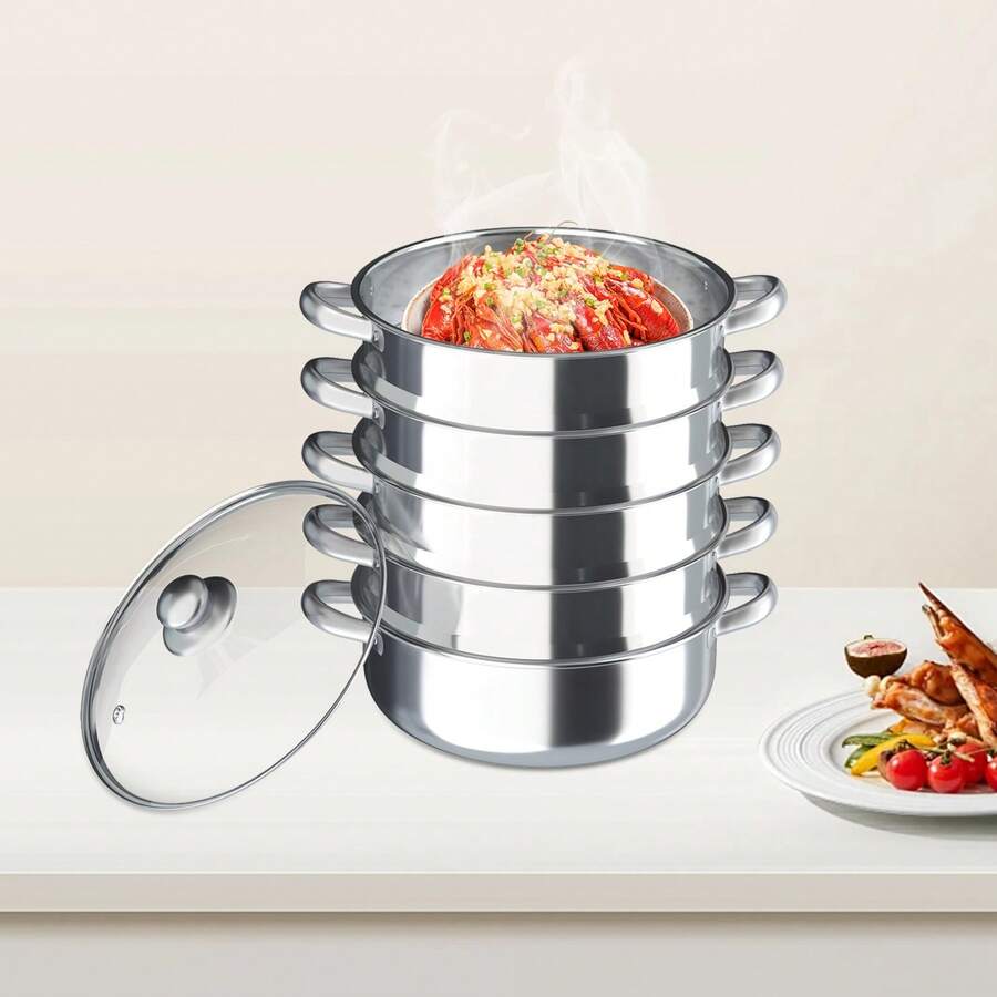 5tier Steamer Cookware Pot Stainless Steel Pot Stainless Steel Food Steamer &Lid - Silver - View 1