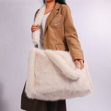 Long Strap Faux Fox Fur Tote - -Wide Large Capacity Tote Bag - Apricot - View 2