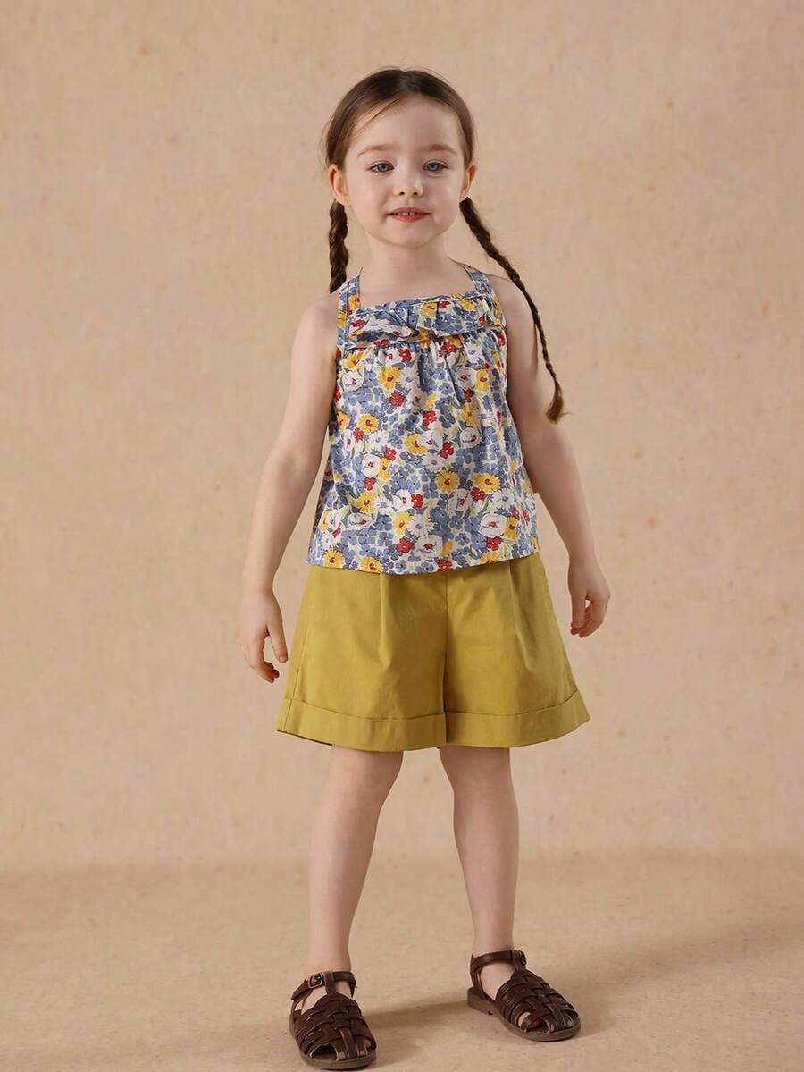 2pcs/Set Girls Casual Ditsy Floral Camisole & Shorts Set, Summer - Ginger - View 1
