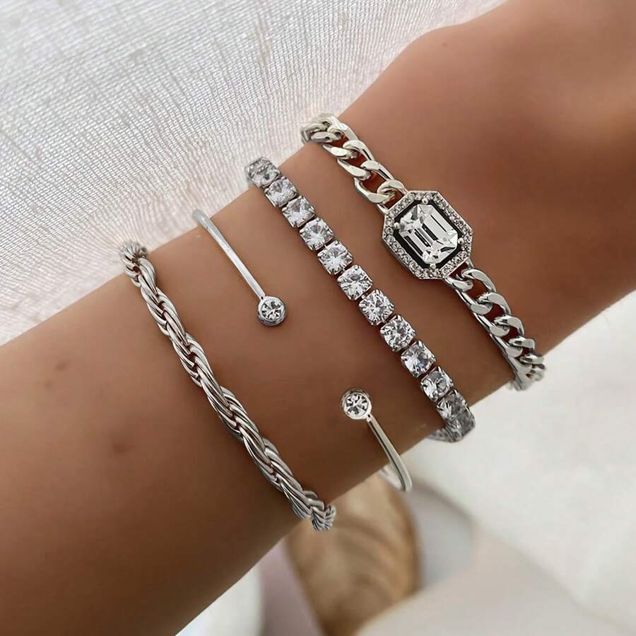4-Piece Set Of Simple And Fashionable Bracelets For Women, Atmospheric And Versatile Light Luxury Niche Diamond Bracelet Set, Suitable For Daily Wear, Party, Gathering Wear, Gift Giving, Gift, Gift To Friends, Gift To Girlfriend, Birthday Gift, Holiday Gift, Christmas Gift - Silver - View 1