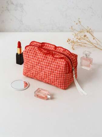 Cute Chequer Make Up Bag Cute Diamond-Shaped Pattern Toiletries Bag Travel Make Organizer Zipper Pouch, Quilted Cosmetics Bag, Stylish Foldable Commuter Makeup Bag For Brushes Aesthetic Cosmetic Bag For Gift, Friend, Girls, Student Quilted Floral Flower Zippered Makeup Bag Cute Floral Cosmetic Bag With Zipper Gift Storage Jewelry Organizer Box Bathroom Set Valentines Back To School Supplies