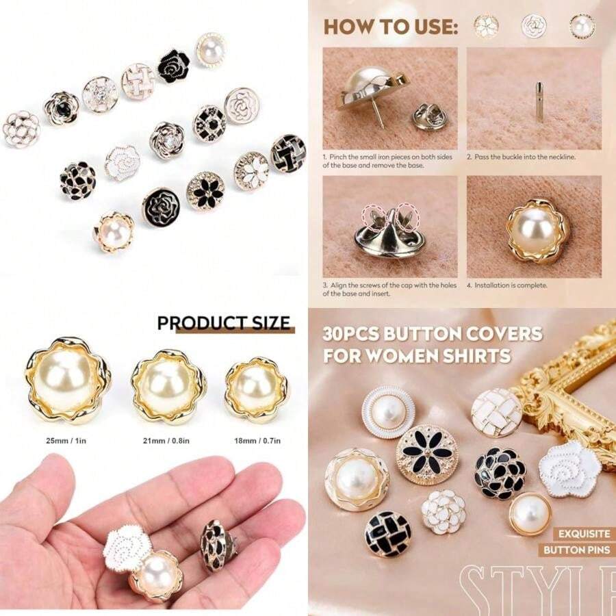 Botones de Broche para Camisa de Mujer, Botones Decorativos para Cuello Botones de Mezclilla Botones Sin Coser Botones Instantáneos Surtidos Herramienta Desmontable Oculta ()(30Pcs) - Multicolor - Ver 1