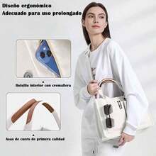 Lumbor37 Bolsa de Lona para Mujer con Hebilla, Tote Bag Cruzada para Oficina, Bolsillo con Cremallera Integrado, Viajes, Bolso Escuela - Blanco - Ver 8