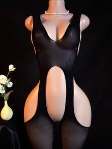 女士性感连体睡衣 - 高腰弹力紧身衣，交叉露背设计，半透明黑色优雅性感装扮，无胸垫，可手洗，适合私密场合、派对、休闲穿着 - 舒适贴身，高弹面料，高支撑力，即买即穿，优雅特别系列，新颖单品 - 黑色 - 查看 2