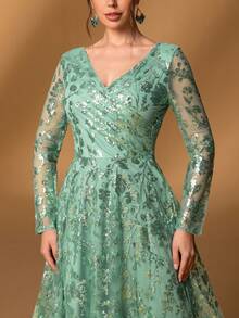 Faeriesty V领长袖A字型新娘母亲礼服 - 优雅花卉刺绣正式晚礼服，廓形优美，适合婚礼、盛大活动、周年庆典、正式晚宴和慈善舞会等场合。新年春季 - 綠色 - 查看 5