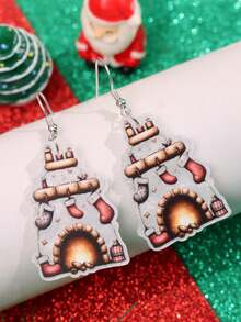 一对可爱有趣的节日圣诞树、圣诞帽、圣诞袜、烟囱造型亚克力吊坠耳环，时尚节日派对及日常佩戴饰品，女士款 - 彩色 - 查看 2