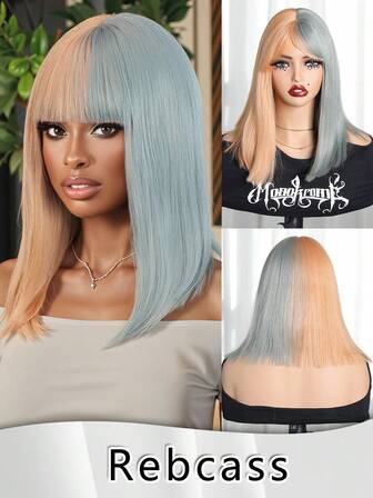 Highlight Medium Straight Layered Wig With Bangs With Bob For Women 14 Inch Yellow And Blue Color Put On Go Realistic Synthetic Fiber Heat Resistant Natural Wig For Girls Party Cosplay And Daily Use Gifts For Women Christmas Decorations Christmas Gifts Costume Wig