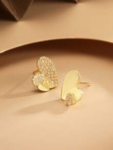 1 Pair Asymmetrical Heart Shaped 925 Sterling Silver Earrings With Full Stones, Elegant Gold Plated Fashion Jewelry Gift For Women, Girlfriend, Mother, Friend, Couple, Daily Wear - Gold - View 2