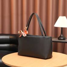 Women's Casual Litchi Grain Handbag, Large Capacity Black Shoulder Bag, Comes With Exquisite Scarf Tote - Black - View 5