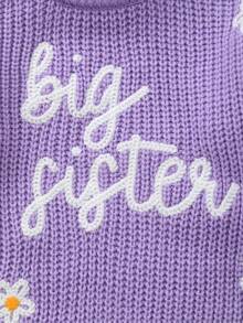 Girls Knitted Sweater With Delicate "Big Sister" Embroidery And White Floral Pattern, Soft And Warm - Purple - View 6