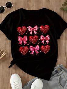Valentine Hearts And Bows Sequin Print Women's White T-Shirt Cute Romantic Design For Valentine's Day - 黑色 - 查看 3