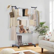 Wäscheständer Turm mit Rollen, faltbarer Standtrockner aus Metall, 6 klappbare Trockenflügel und 2 seitliche Drehflügel, belastbar bis 35 kg, platzsparender Wäscheturm für Innen und Außen, Grau - Weiss - Übersicht 11