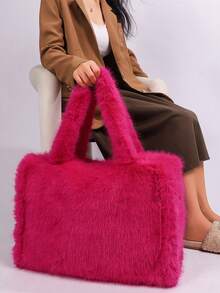 Long Strap Faux Fox Fur Tote - -Wide Large Capacity Tote Bag - Rose Red - View 3