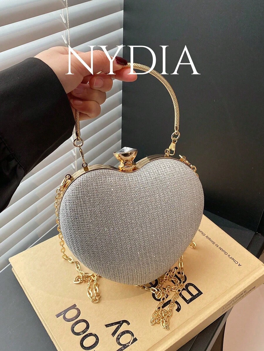 1件全新独特设计闪亮心形戒指手提包，带链条，时尚单肩/斜挎包，适合约会、休闲外出、情人节，个性化奢华晚宴手拿包 - 銀色 - 查看 1