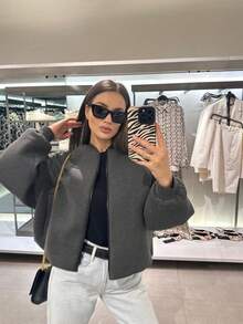 Chaqueta casual y cómoda de mujer con bolsillo con cremallera en el frente y costillas, chaqueta de mujer con cuello de béisbol y cremallera completa con bolsillos, abrigo de manga larga para otoño/invierno - Gris - Ver 1