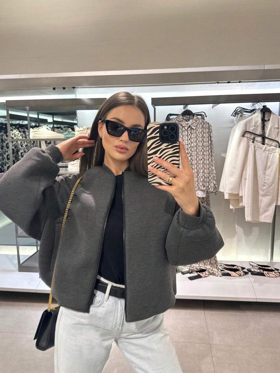 Chaqueta casual y cómoda de mujer con bolsillo con cremallera en el frente y costillas, chaqueta de mujer con cuello de béisbol y cremallera completa con bolsillos, abrigo de manga larga para otoño/invierno - Gris - Ver 1