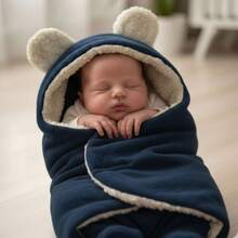 Baby Sleeping Bag Soft Sherpa Blanket With Ear Covers Baby Girl Boy Layette - 藏蓝色 - 查看 1