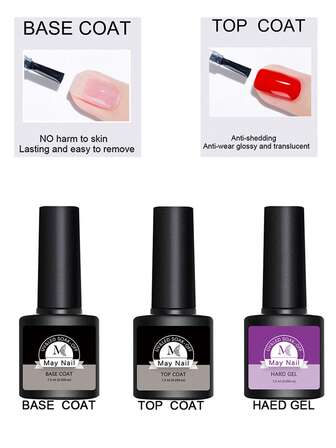 凝胶指甲油套装，包含底油、面油和硬凝胶，3件套，光泽持久，可卸除，是送给女性的完美礼物。