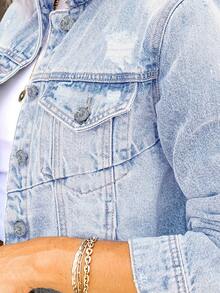 Classic Thermal Lined Denim Jacket – Razor Cut-Outs & Vintage Wash | Edgy Button-Up Style For Winte - Baby Blue - View 5