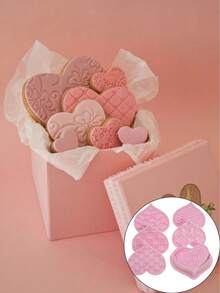 7pcs/Set Valentine's Day Heart-Shaped Cookie Cutters, Stamp Molds With Different Patterns: Stars/Puzzle/Roses/Hearts, Suitable For Fondant Cakes, Chocolate Molds, Holiday Parties, And Kitchen Baking Supplies. - Multicolor - View 2