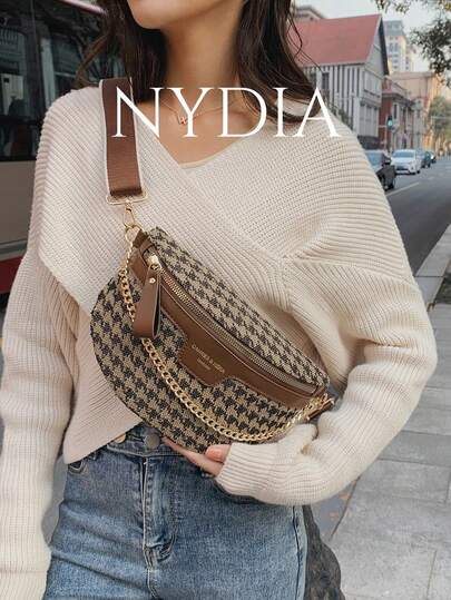 Y2K 复古链条装饰千禧风格千鸟格豹纹复古肩带腰包