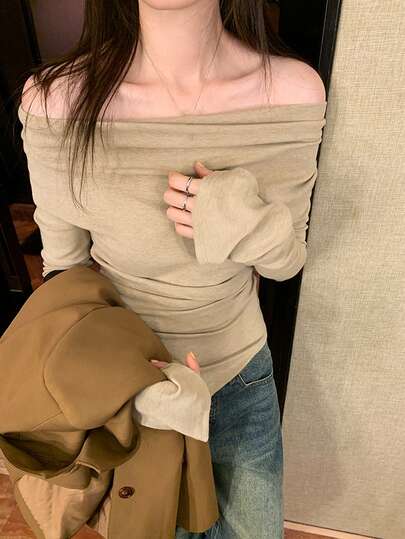 Áo thun dài tay kiểu Hàn Quốc xếp ly, vạt áo bất đối xứng dành cho nữ, đa năng.