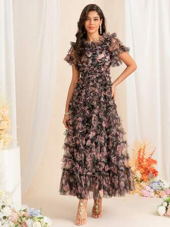 Summer Printed Floral Fluffy Cake Dress Vintage Short Sleeve One Shoulder Mesh Mullet Dress, Banquet Wear, Party Wear, Travel Wear