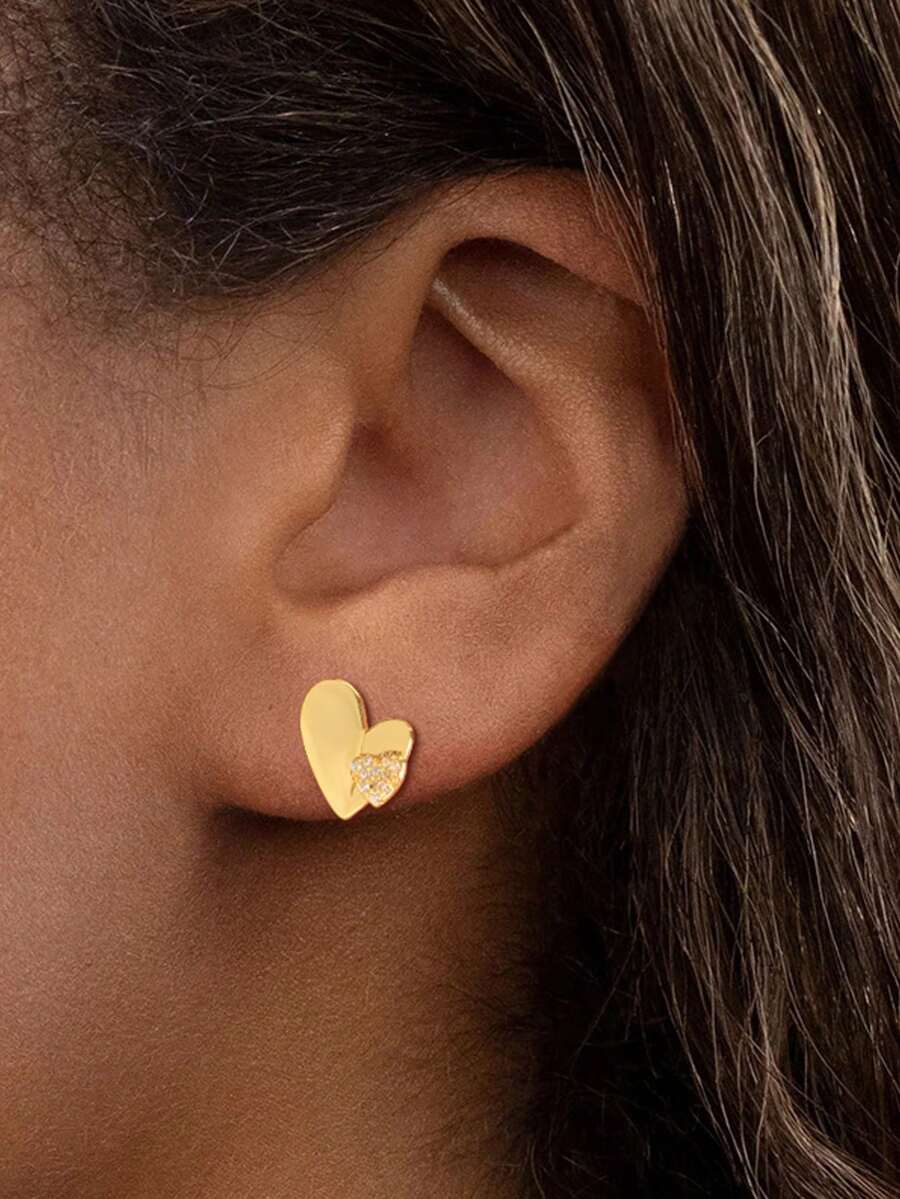 1 Pair Asymmetrical Heart Shaped 925 Sterling Silver Earrings With Full Stones, Elegant Gold Plated Fashion Jewelry Gift For Women, Girlfriend, Mother, Friend, Couple, Daily Wear - Gold - View 1