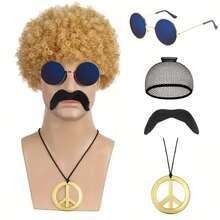 European & American Men's Rock Hairstyle Wigs, Suitable For Halloween, Disco, Hippie, 80s, Punk, Curly Synthetic Hair Punk Costume Set - Multicolor - View 15