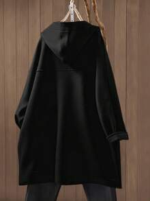 女士休闲简约加大码纯色口袋前开襟纽扣连帽外套，日常穿着黑色春季款 - 黑色 - 查看 2