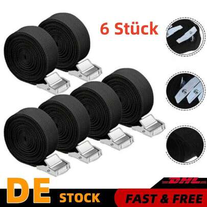 6 x Lashing Strap Fastening Strap with 2.5 m Clamp Lock 2.5 cm Width Black Nylon Zinc Alloy for Cargo Securing Roof Rack Luggage Paddleboard Boat Kayak Surfboard Canoe