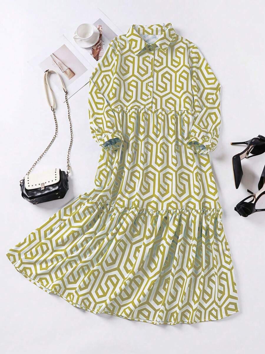 秋季女装，女士秋季连衣裙，长袖翻领几何图案衬衫式开领连衣裙，适合通勤、日常穿着、户外活动、教师连衣裙、返校季，柔软梭织面料