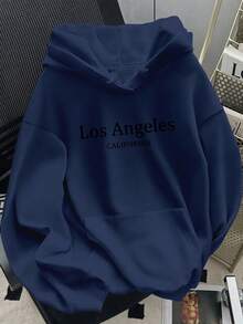 LOVE JOYY Women's Casual Loose Hoodie, Letter Print, Drop Shoulder Long Sleeve With Pocket, Fashion Versatile Pullover Sweatshirt, Suitable For Autumn/Winter Daily Wear, Party, Holiday Events, Blue - Blue - View 3