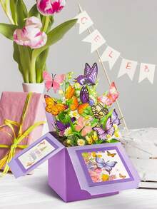 Butterfly Pop Up Card Box, Accompanied By An Exquisite Envelope, Valentine's Day Pop-Up Box, 3D Pop Up Birthday Cards, Happy Birthday Gifts Cards For Women, Daughter, Mom, Sister, Friend, Butterflies & Flowers Greeting Card With Blank Notecard & Envelope - Multicolor - View 5
