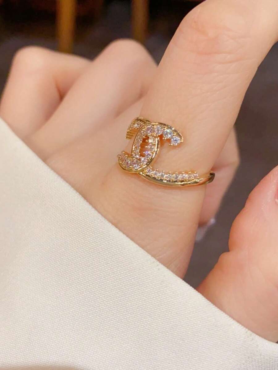 1pc Minimalist Rhinestone Letter Open Ring, Luxury Sparkly Unique Design Finger Ring - Fully Diamond Letter  Ring - View 1