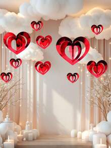 32pcs 3D Heart Pendant Decor, Anniversary Backdrop, Giant Heart Pendant For Wedding Room, Wedding Ceremony, Wedding Party, Valentine's Day Decor, Valentine's Gift, Restaurant, Hotel, Bedroom, Living Room - Red - View 2