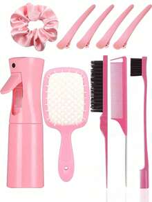 12pcs Hair Brush Set, Includes 200ml Continuous Spray Bottle, High-Quality Wide-Tooth Comb, Scalp Massage Shampoo Brush, Straightening Brush, Edge Brush, Volumizing Brush, Tail Comb, 4pcs Hair Clips And Hair Ties, Hairstyling Tools Set, Hair Accessories - Nine-row Comb 12pcs - View 9