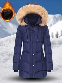 Women's Mid-Length Winter Coat Casual Fleece-Lined Windbreaker Detachable Hood With Drawstring Built-In Pockets, Two-Way Zipper Stylish Quilted Hooded Jacket Casual Outdoor Winter Top Perfect For Daily Wear, Commuting, Holidays, Gift - Màu xanh hải quân - Xem 1