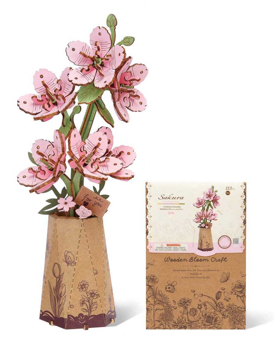 Robotime Rowood 3D Puzzles Wooden Flower  DIY Model Building Kit To Build For Adults Artifical Bouquet Botanical Collection Craft Brain Teaser Puzzle Creative Gift Home Decor(Sakura) - 櫻花 - 查看 1