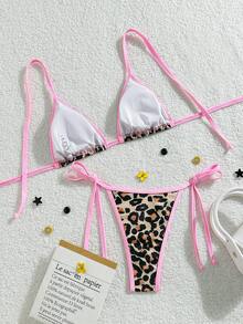 Women's Backless Leopard Print Patchwork Bikini Set (Top And Bottom), Casual Summer