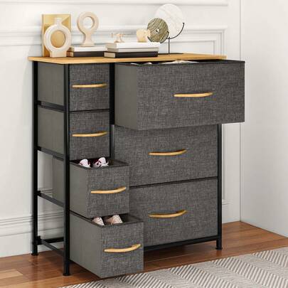 Cómoda de almacenaje BALCONERA de estilo industrial negro - 7 cajones de tela, armario multiusos para dormitorio, salón y pasillo