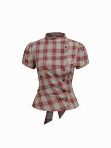 Women's Plaid Collar Puff Sleeve Tie-Up Button Front Blouse