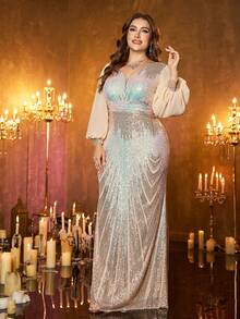 XUIBOL Plus Size V-Neck Sequin & Ruched Waist Lantern Sleeve Chiffon Evening Dress, Elegant For Parties, Weddings, Formal Occasions, Bridal, Birthday, Graduation And More - Champagne - View 5