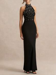 Women's Elegant Pearl Halter Neck Christmas Party Dress - Black - View 5