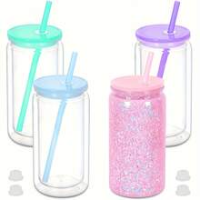 Paquete de 8 tumblers tipo globo de nieve de pared doble de 16 onzas, tazas de frascos de albañil con glitter DIY con tapa, pajita y tapón de silicona - Lavar a mano, libres de BPA y PVC, botellas de agua de plástico ligero para Halloween y Acción de Gracias - Multicolor - Ver 15