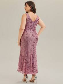 EVERPRETTY 大码闪亮优雅无袖V领褶皱腰部前开衩露背鸡尾酒礼服，奢华正式晚礼服，饰有刺绣和闪亮点缀，适合毕业典礼、婚礼宾客、红毯、慈善晚宴、派对等场合。 - 藕粉色 - 查看 3